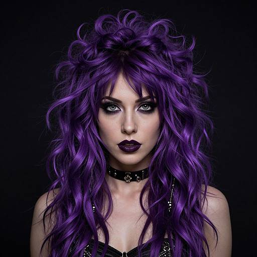 Photograph of a pale-skinned woman with striking, voluminous purple hair, dark lipstick, black choker, and intense blue eyes against a black