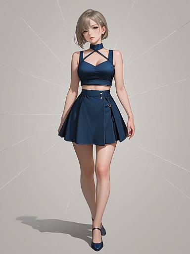 Digital anime-style illustration of a young woman with short gray hair, wearing a navy blue crop top and skirt, crisscross straps, and matching heels