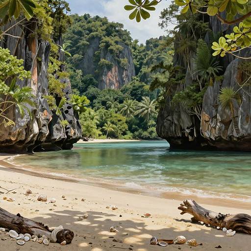 Photograph of a serene tropical beach with clear turquoise water, surrounded by lush green cliffs and palm trees, sandy shore, and scattered seashells and
