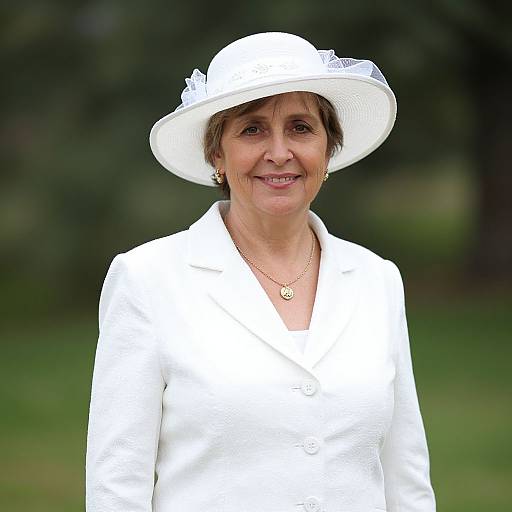 Photograph of a smiling middle-aged woman in a white hat and matching white blazer, standing outdoors with a green blurred background.