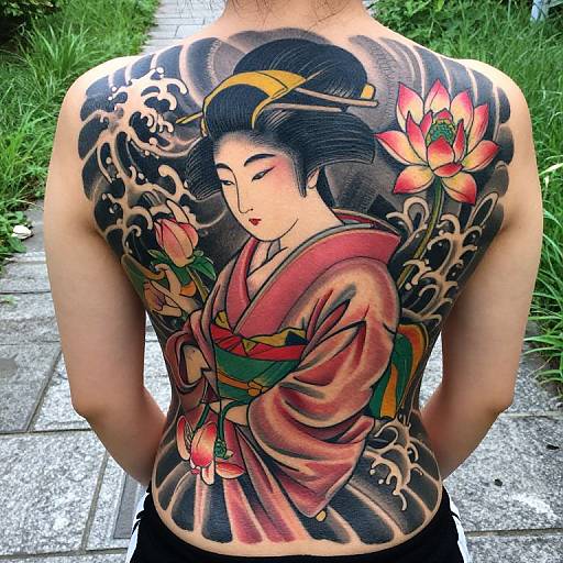 Tattooed Asian woman's back features detailed traditional Japanese-style design with geisha, lotus flower, and waves, standing on a stone path
