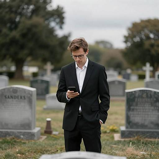 Mourning Man in Suit Checking Phone