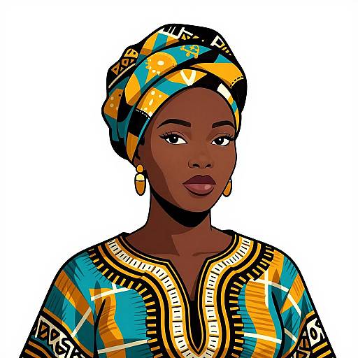 Digital illustration of a dark-skinned African woman wearing a colorful, patterned headwrap and dress with yellow, blue, and black geometric designs. She