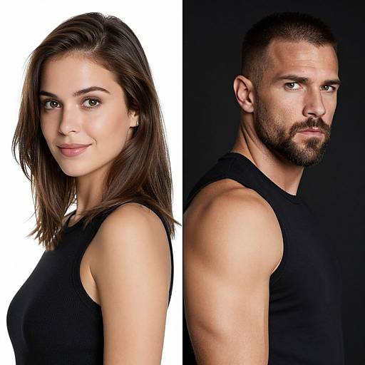 Photograph of a smiling brunette woman in a black sleeveless top on the left, and a serious bearded man in a black sleeveless shirt on