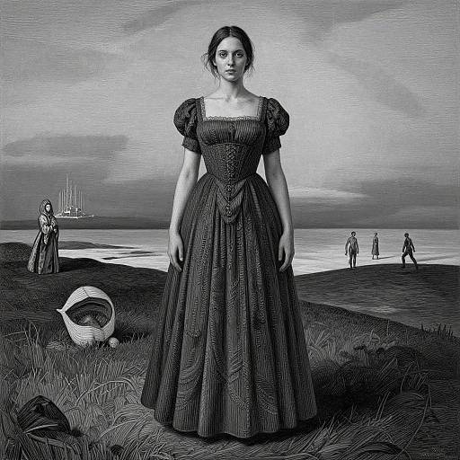 Black-and-white digital drawing of a Victorian woman in a puffed-sleeve dress standing on a grassy shore, with distant figures and a sailing