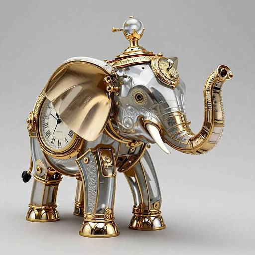 Photorealistic digital artwork of a mechanical, golden and silver elephant with clock faces, ornate gold trim, and a glass orb on its head,