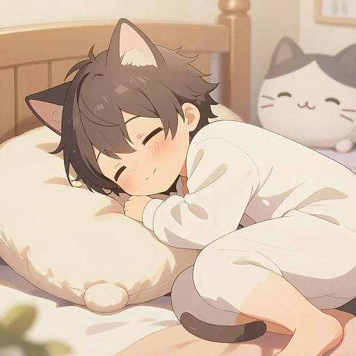Shy Anime Cat Boy in Cozy Bedroom
