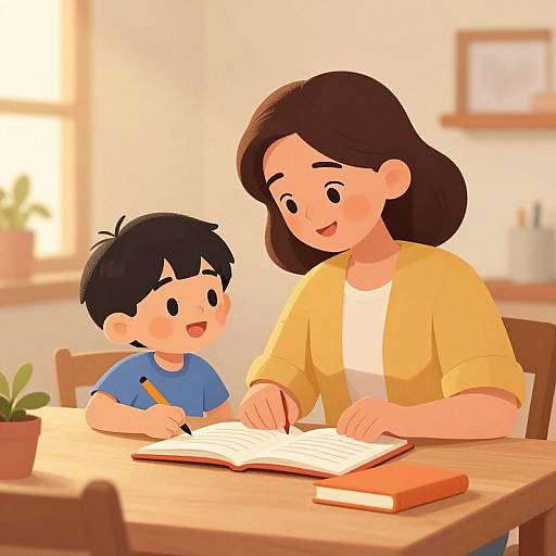 Digital illustration of a smiling mother with brown hair and a yellow cardigan, and her excited black-haired son writing in an open book at a sunlit