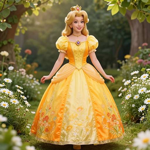 Digital illustration of Princess Peach from Mario, wearing an orange floral gown, crown, and necklace, standing in a sunlit, flower-filled garden.