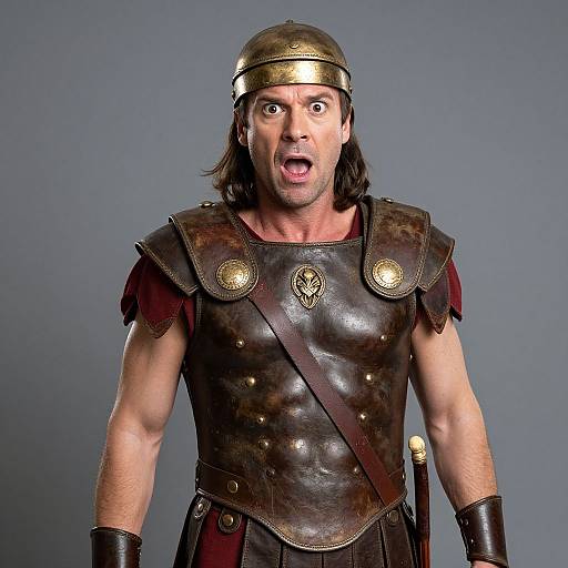 Photograph of a shocked man with long hair, wearing a bronze Greek warrior helmet and leather armor against a gray background.