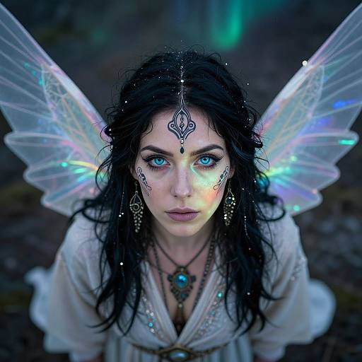 Digital fantasy artwork of a fair-skinned woman with black wavy hair, blue eyes, and iridescent fairy wings, adorned in a white dress