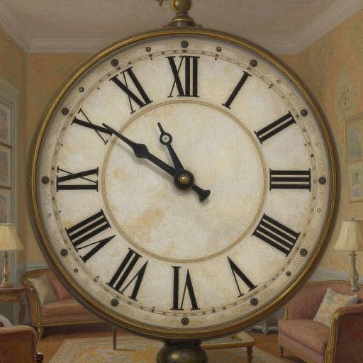 Photograph of an oversized, vintage-style, Roman numeral clock with black hands, centered in a luxurious, ornate living room with warm tones and antique