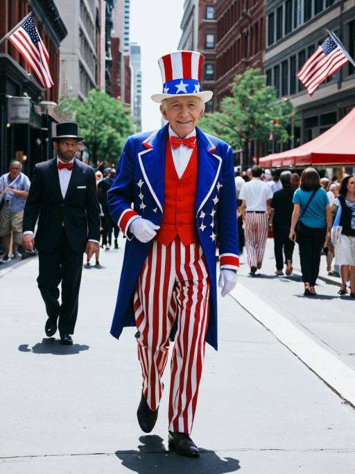 Elderly Man in Uncle Sam Costume Walking in City