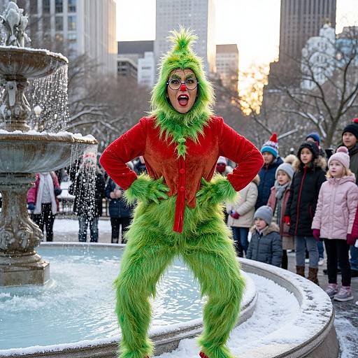 Photograph of a person in a bright green and red furry costume, standing confidently in a snow-covered fountain, with a crowd of children and adults in