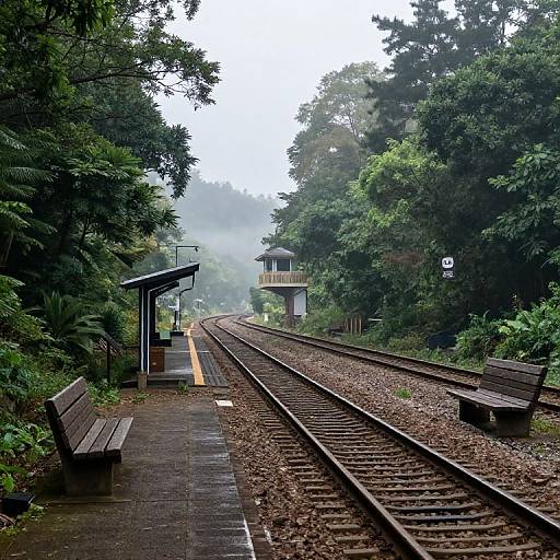 Photograph of a misty, lush forest railway station with wooden benches, tracks curving into dense greenery, and a small platform shelter.