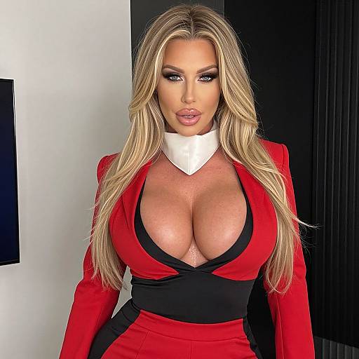 Photograph of a blonde woman with long hair, large breasts, wearing a red and black deep V-neck outfit with a white choker, standing against