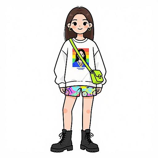 Digital drawing of a young woman with long brown hair, wearing a white sweatshirt with a rainbow graphic, colorful shorts, black boots, and a green