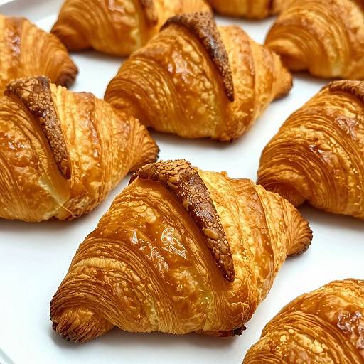 Photograph of golden-brown, flaky, buttery croissants with crispy, darkened tops, arranged in a slightly overlapping pattern on a