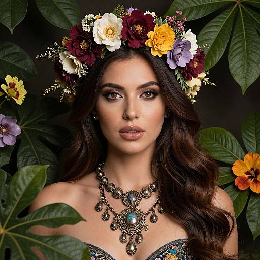 Photograph of a beautiful woman with dark wavy hair, wearing a colorful flower crown, intricate necklace, and strapless dress, surrounded by lush green