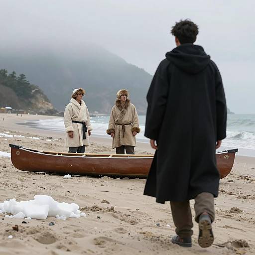 Mysterious Beach with Foggy Mountains