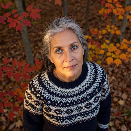 Photograph of a middle-aged woman with gray hair, blue eyes, wearing a black and white patterned sweater, standing in a forest with vibrant autumn