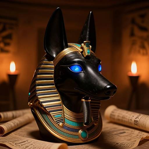 Photograph of a black Anubis mask with glowing blue eyes, gold and turquoise jewelry, placed on ancient scrolls, lit by warm torches in
