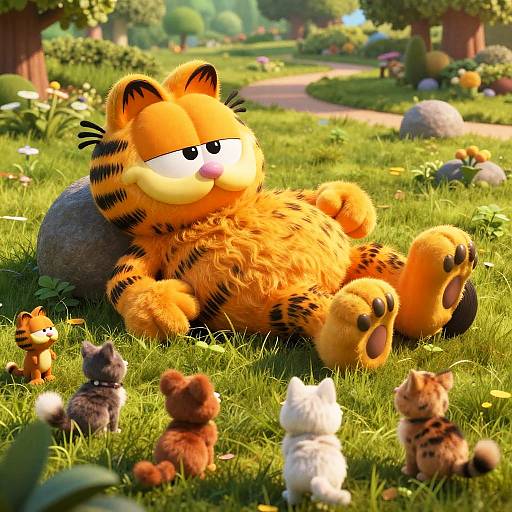 Digital artwork of a large, orange tabby cat plushie lounging on grass, surrounded by smaller stuffed cats, in a sunny, forested garden