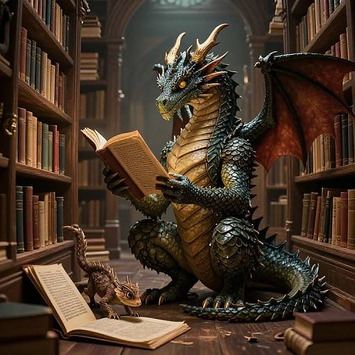 CGI image of a blue-scaled dragon with yellow underbelly, reading a book in a dimly lit, medieval library. Smaller dragon