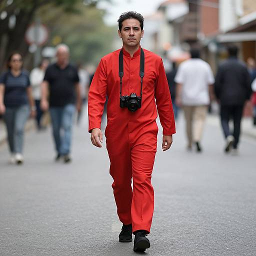 Photograph of a young man with short dark hair, wearing a bright red jumpsuit and black camera, walking down a busy street with blurred pedestrians in