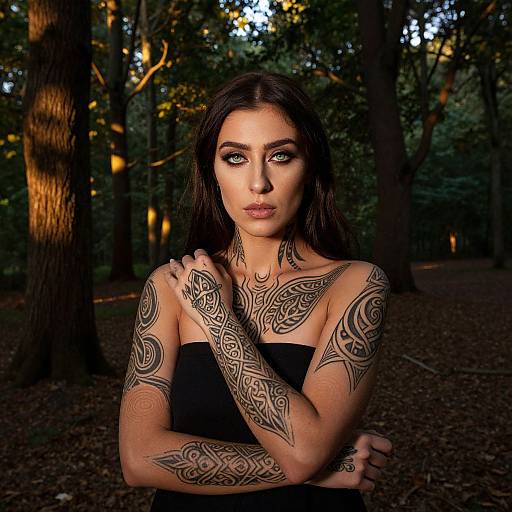 Photograph of a tattooed woman with long dark hair, green eyes, and black strapless top, standing in a forest at sunset, her arms