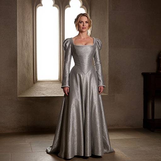 Photograph of a woman in a silver, long-sleeved, Renaissance-style gown standing in a dimly lit, stone-walled room with a