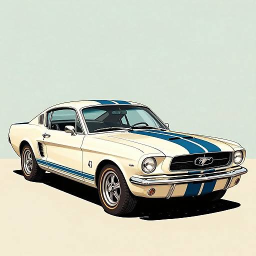 Digital illustration of a classic white Ford Mustang with two blue racing stripes, chrome accents, and black shadow, set against a white background.