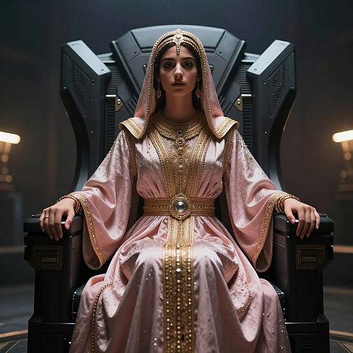 Digital artwork of a serious, dark-skinned woman in a pink, gold-embroidered traditional dress, seated on a black, throne-like chair