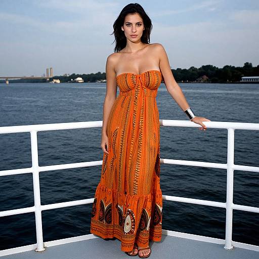 Photograph of a woman with dark hair, wearing an orange, strapless, patterned dress, standing on a boat deck with a blue river and