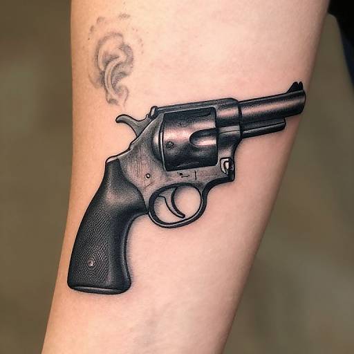 Realistic black tattoo of a revolver on a pale arm with a subtle feather tattoo above it, against a blurred brown background.