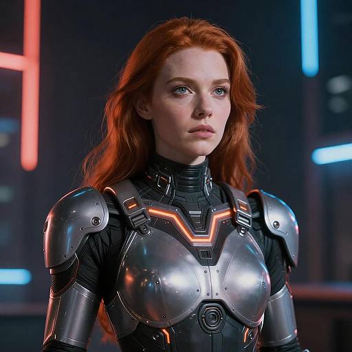 Photograph of a red-haired woman in futuristic silver and black armor with orange accents, standing in a neon-lit, sci-fi environment.