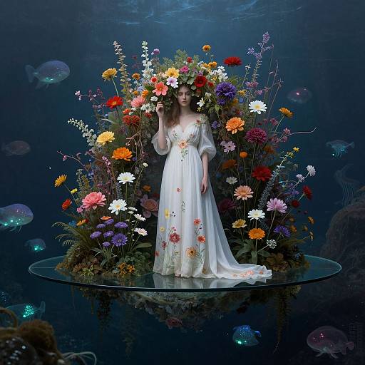 Photograph of a fair-skinned woman in a white, floral-embroidered gown, standing on a glass platform surrounded by vibrant flowers, underwater