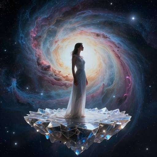Silhouetted woman in flowing white dress stands on glowing, crystal-like spaceship, surrounded by vibrant, swirling galaxy in space. Digital artwork.