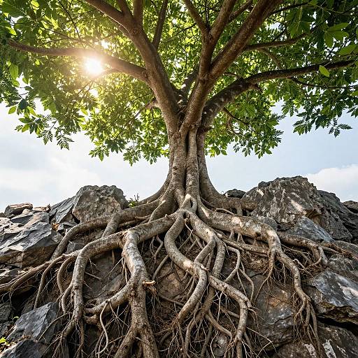 Photograph of a large tree with extensive, exposed roots gripping rocky ground, sunlight filtering through green leaves, creating a dynamic, natural scene.
