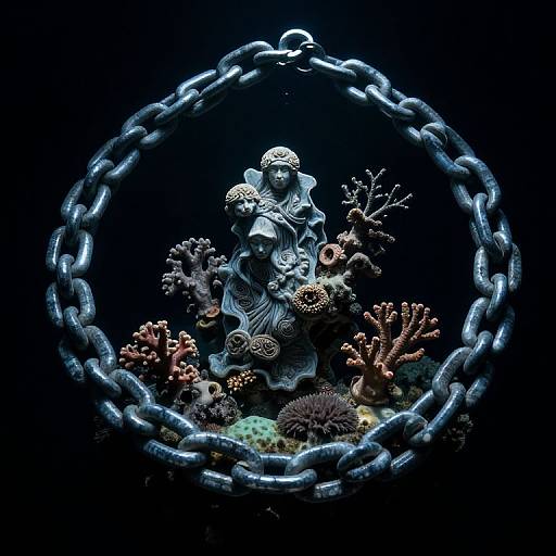 Photograph of a blue statue of a mermaid with detailed coral and sea anemones, encircled by a metallic chain against a dark background