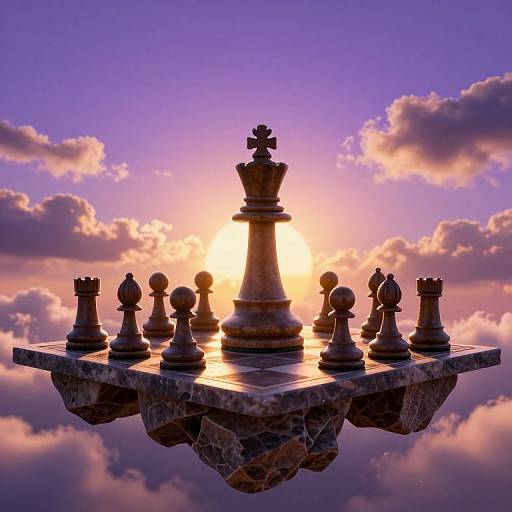 Photograph of a floating chessboard with silhouetted king and pawns against a vibrant sunset sky with fluffy clouds.