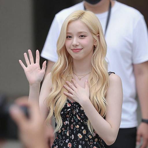 Smiling Woman Waving in Floral Dress