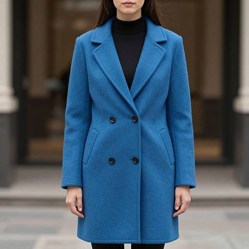 Photograph of a woman in a vivid blue, double-breasted, knee-length coat with black buttons, standing in front of a blurred urban background.