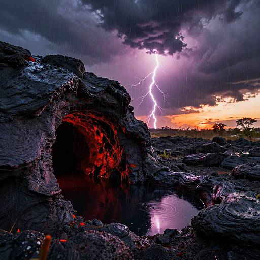 Dramatic photograph of a volcanic landscape with dark, jagged rocks, red-lit cavern, and bright lightning striking amid stormy, purple-gray