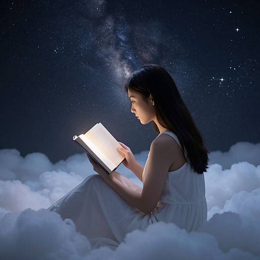 Photograph of an Asian woman with long black hair, in a white dress, sitting among clouds, reading a glowing tablet under a starry, galaxy