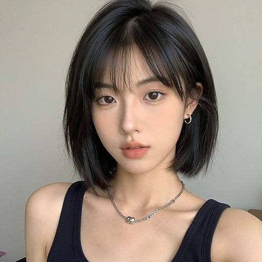 Photograph of an Asian woman with straight black bob haircut, wearing a black tank top and silver necklace, against a plain light gray background. She has