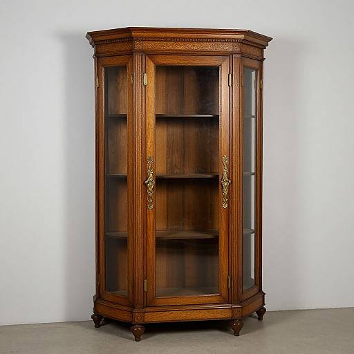 Photograph of a wooden, octagonal, glass-fronted cabinet with ornate brass handles, empty shelves, and rich, dark brown finish, standing