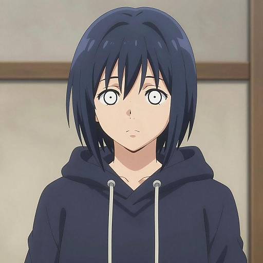 Anime-style digital drawing of a shy, blue-haired teenage boy with wide, white eyes, wearing a black hoodie, against a simple indoor background.