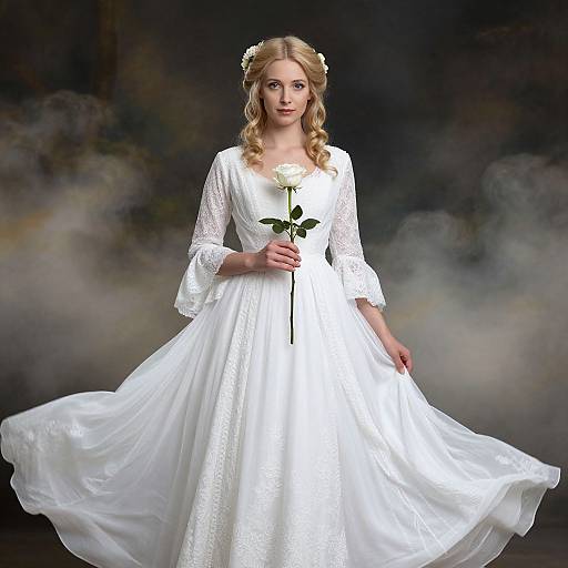 Photograph of a blonde woman with curly hair, wearing a white lace wedding dress, holding a white rose, against a dark, misty background.