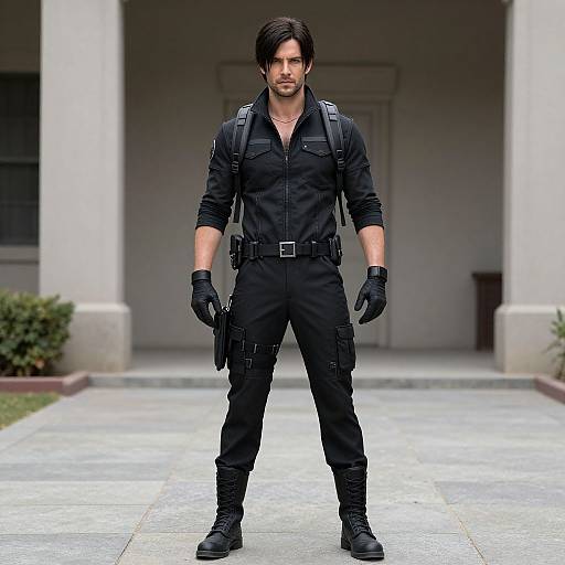 Photograph of a muscular man with dark hair and beard, dressed in a black tactical jumpsuit, gloves, and boots, standing confidently on a concrete
